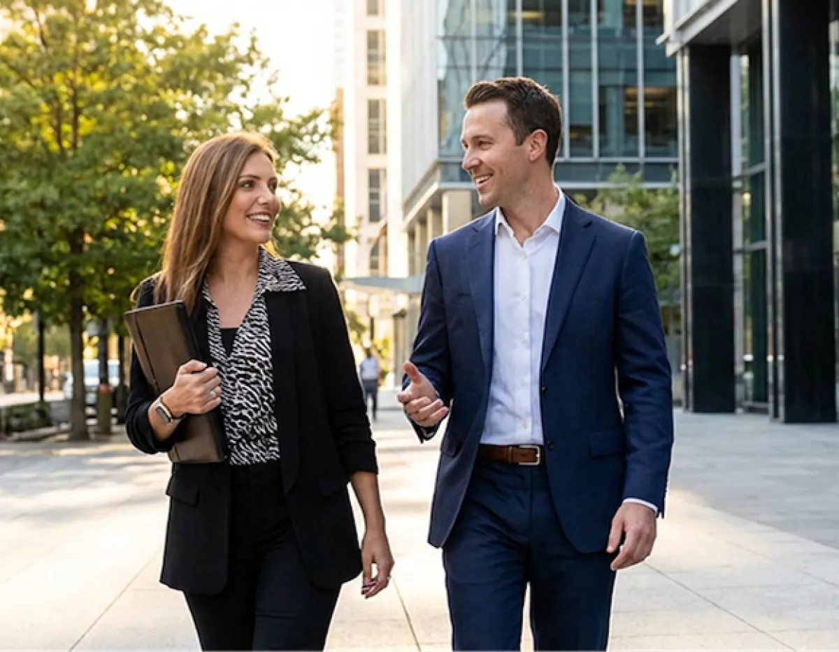 Two Armstrong Legal lawyers walking outside